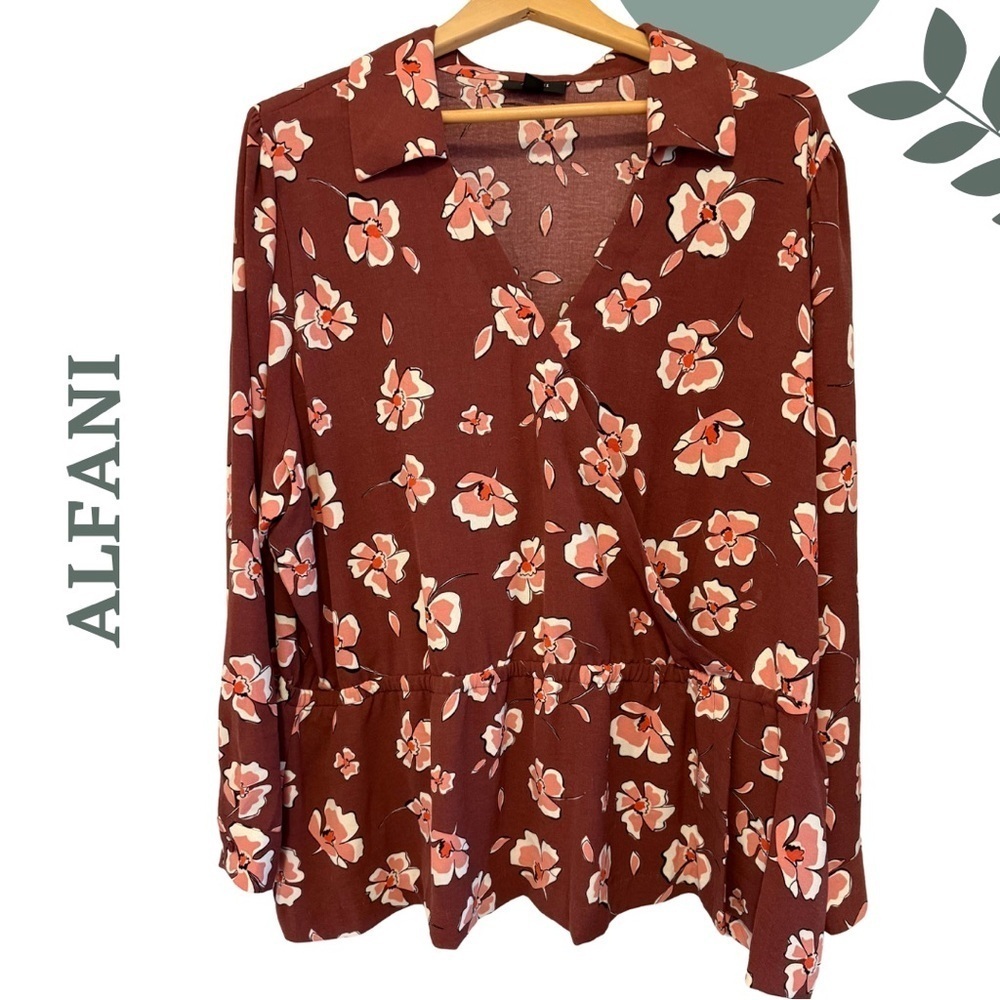 Alfani Faux Wrap Floral Long Sleeve Blouse Brick Red Pink Plus Size 3X